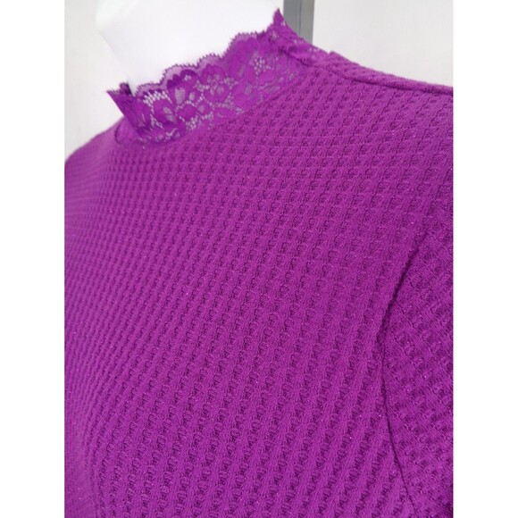 LOGO Lori Goldstein Purple Metallic Waffle Knit Mock Neck Top Lace Sz Large New - Picture 8 of 15